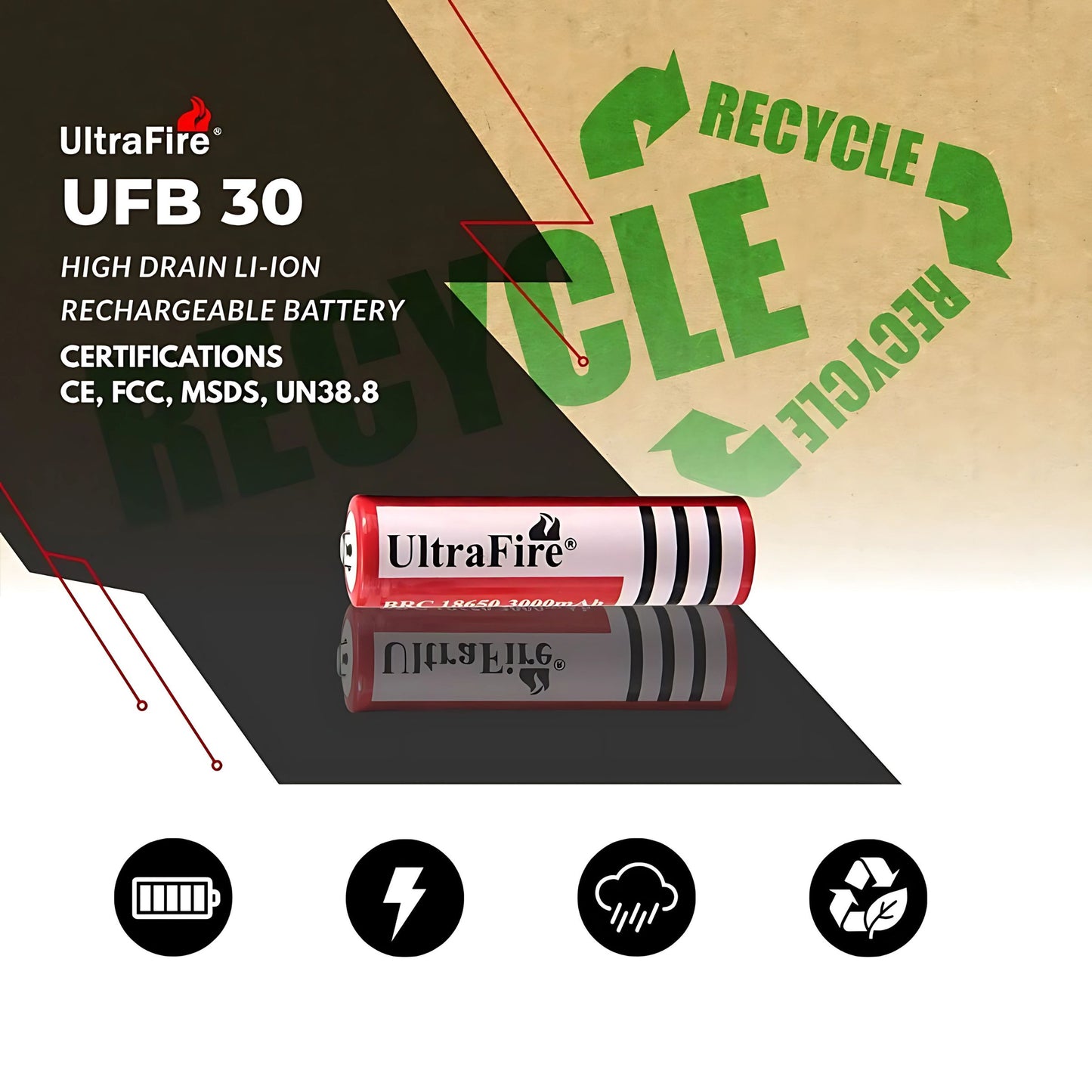 UltraFire 18650 Lithium-Ion Rechargeable Battery (2 PCS)