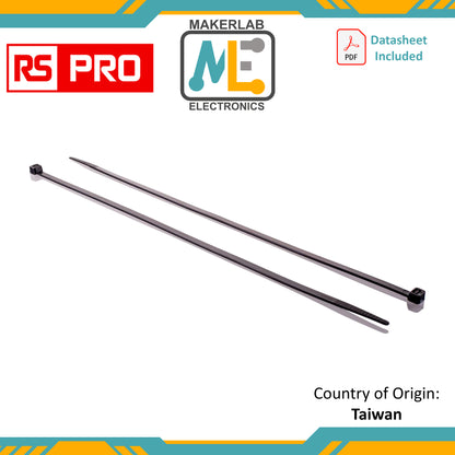 RS PRO Cable Tie, 300mm x 4.8 mm, Black Nylon, Pk-100 | 233-487