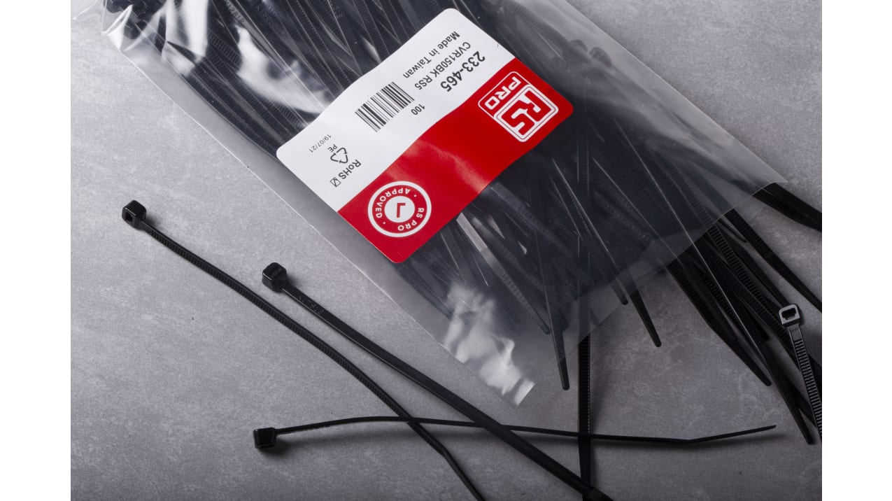 RS PRO Cable Tie, 150mm x 3.6 mm, Black Nylon, Pk-100 Bag of 100 | 233-465
