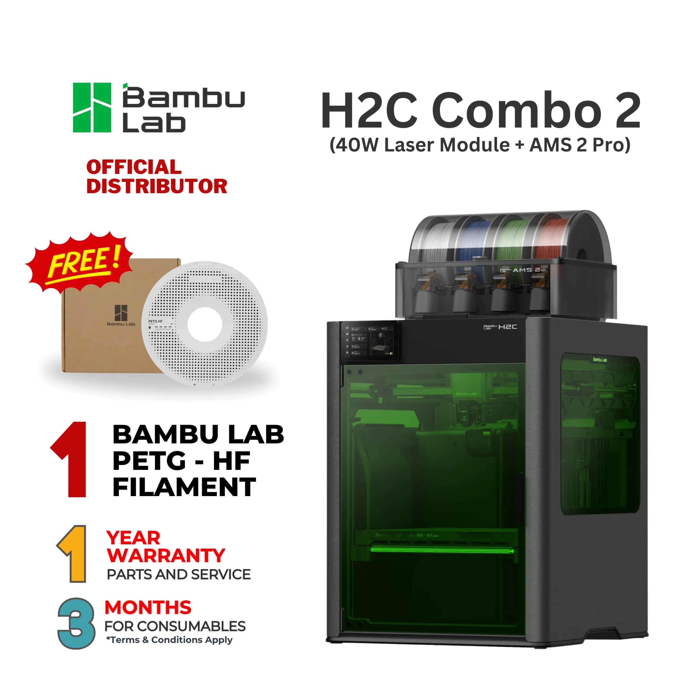 Bambu Lab H2C Combo 2 3D Printer (Laser Compatible + AM2 2 Pro) +