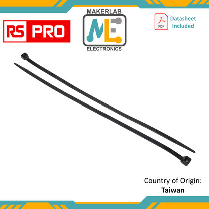 RS PRO Cable Tie, 380mm x 7.6 mm, Black Nylon, Pk-100